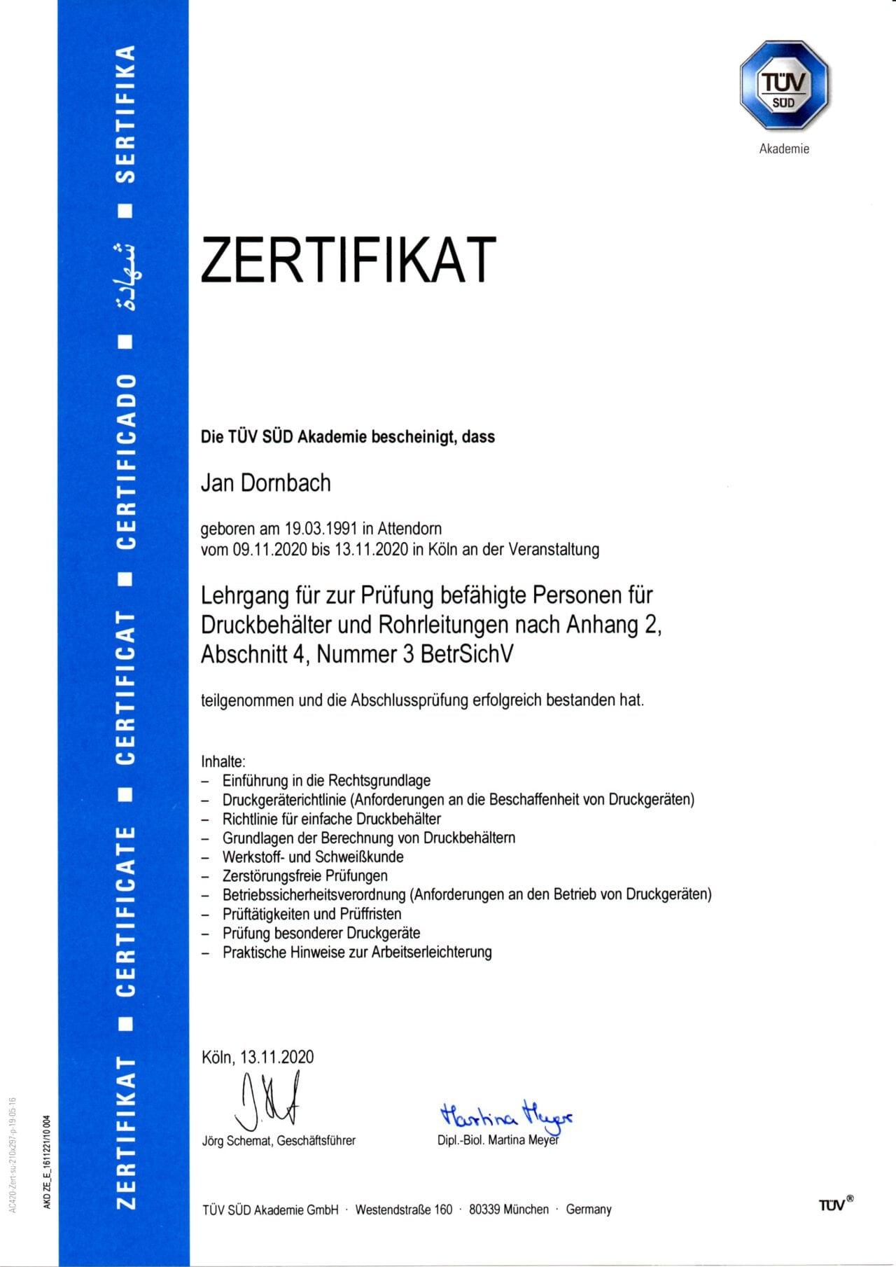 Befähigte Person für Druckbehälter und Rohrleitungen nach Anhang 2, Abschnitt 4, Nummer 3 BetrSichV